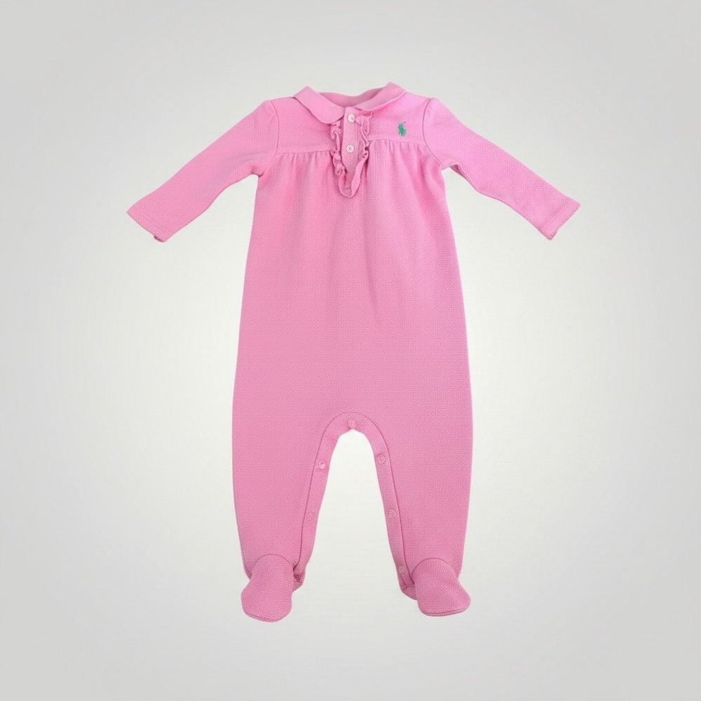 Ralph Lauren Layette Footed Coverall Baby Girl 6M Pink Ruffle Polo One Piece NWT